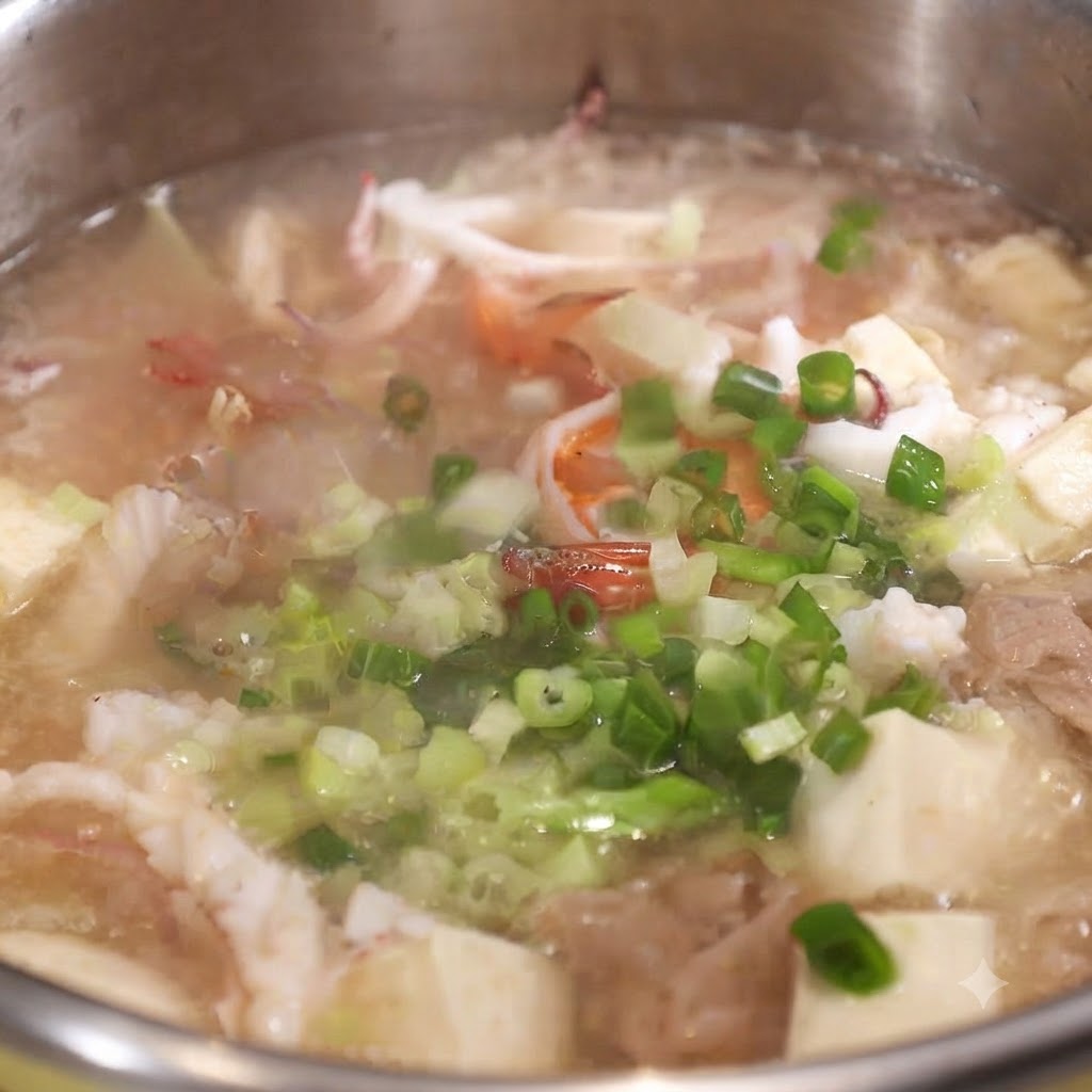 Gehackte Frühlingszwiebeln und Sellerie sind über der Oberseite eines fertigen Topfs mit Meeresfrüchtesuppe verstreut.