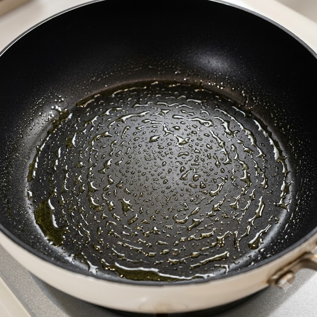 Eine schwarze Bratpfanne mit flachem Boden, besprüht mit Wassertropfen und Öl, bereit für Teigtaschen.
