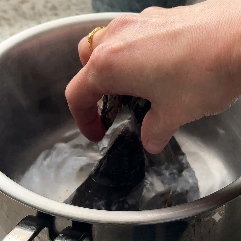 Venusmuscheln und Grünmuscheln werden in einem Topf in kochendes Wasser gegeben.