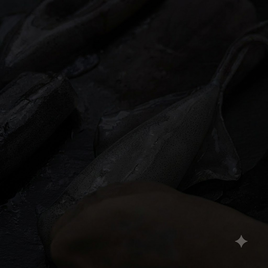 Tintenfisch wird auf einem dunklen Schneidebrett in Stücke geschnitten.