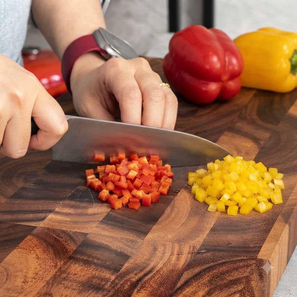 Rote und gelbe Paprika werden mit einem Kochmesser auf einem Holzbrett gewürfelt.