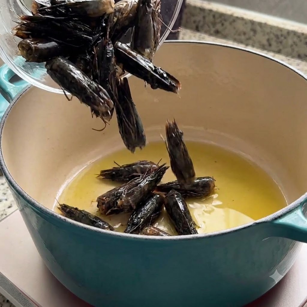 Garnelenköpfe werden zur Aromagewinnung in einen Topf mit heißem Olivenöl gegeben.