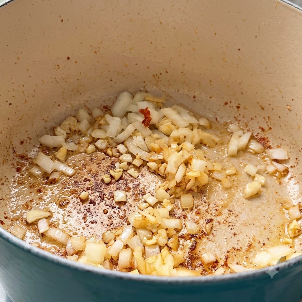 Fein gehackte Zwiebeln und Knoblauch werden im Boden eines Kochtopfs angebraten.