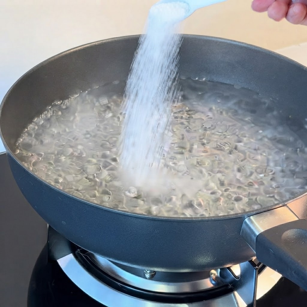 Eine Hand gießt mit einem weißen Löffel Salz in einen dunklen Topf mit sprudelnd kochendem Wasser.