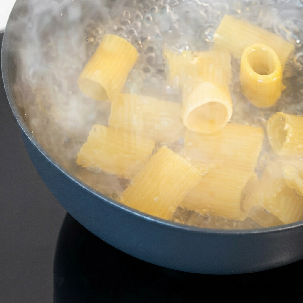 Große, trockene Röhrennudeln kochen in einem Topf mit heißem Wasser.