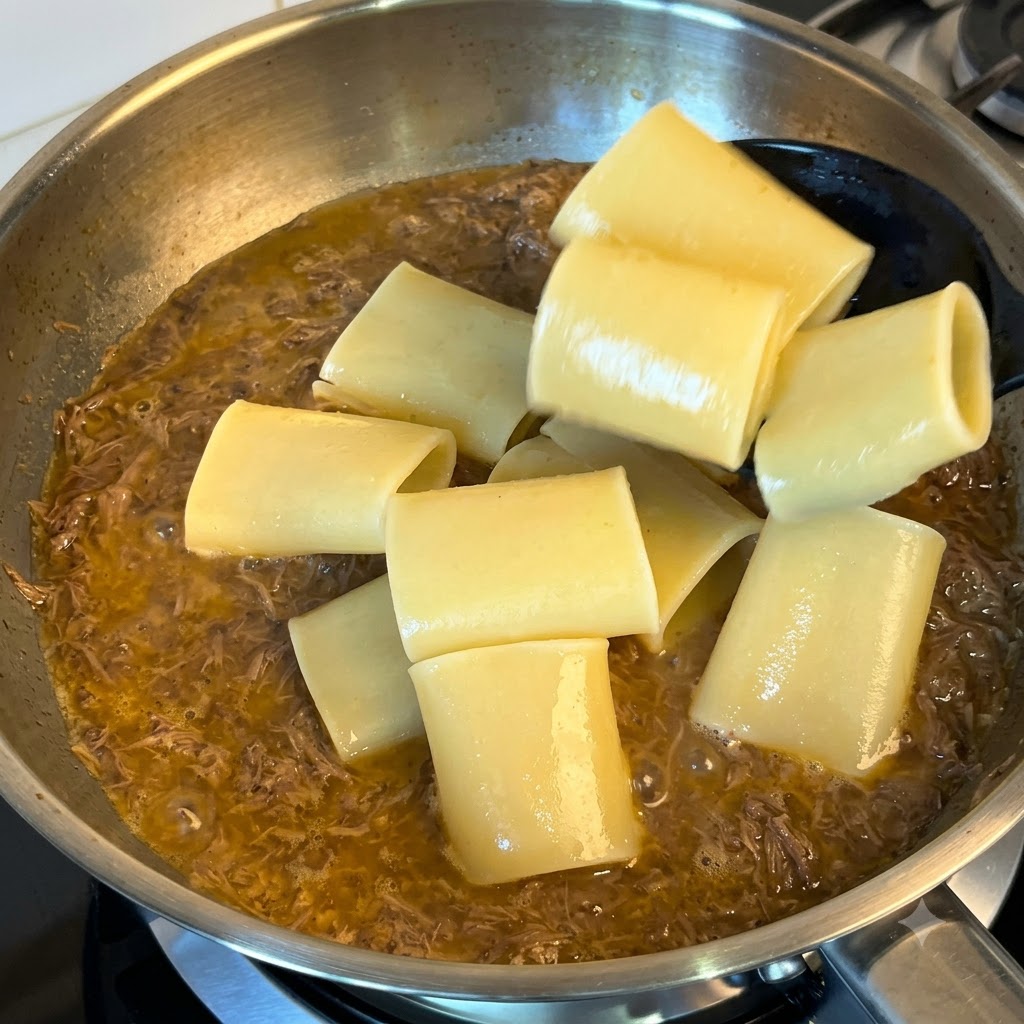 Ein schwarzer Schaumlöffel gibt gekochte Röhrennudeln in eine Pfanne mit köchelnder Rindfleischsauce.