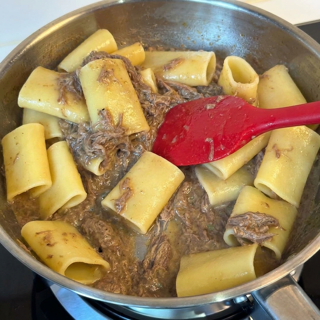 Große Röhrennudeln werden mit einem roten Spatel zusammen mit zerkleinertem Rindfleisch in einer Edelstahlpfanne geschwenkt.