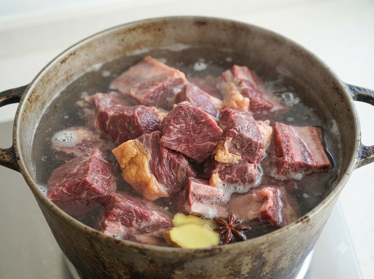 Rohes Rindfleisch und Ingwer kochen in Wasser mit Schaum an der Oberfläche.