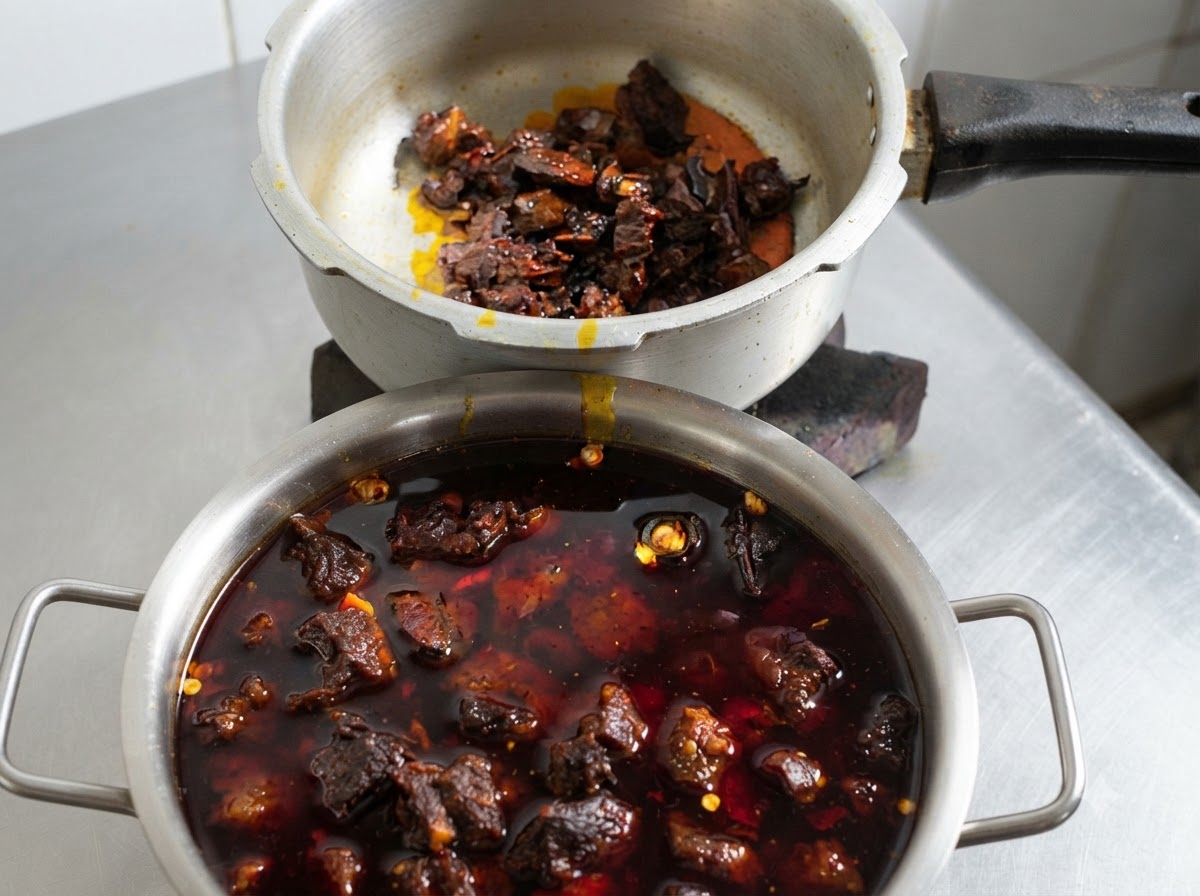 Geschmortes Rindfleisch und eine reichhaltige rote Sauce werden aus einem Wok in einen großen Metallbehälter umgefüllt.