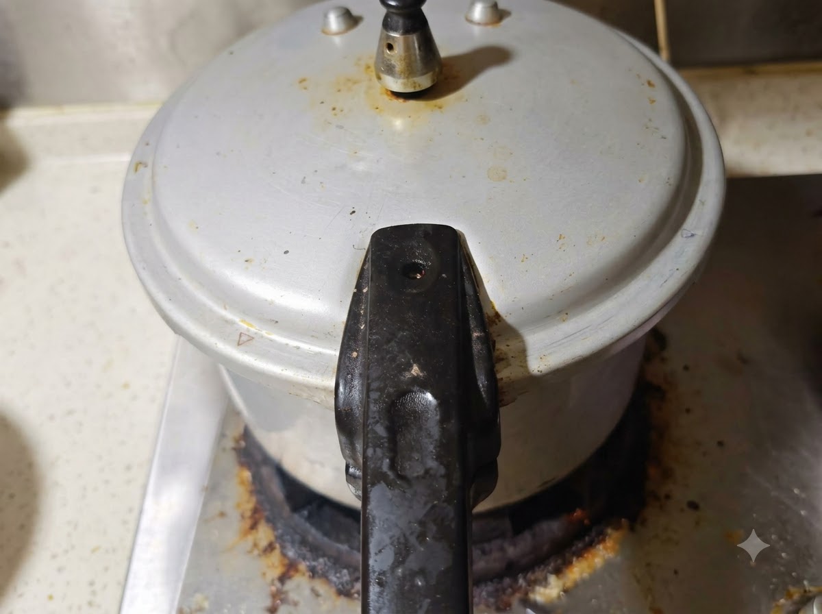 Ein Schnellkochtopf wird mit der geschmorten Rindfleischmischung gefüllt, bereit zum Verschließen und Kochen.