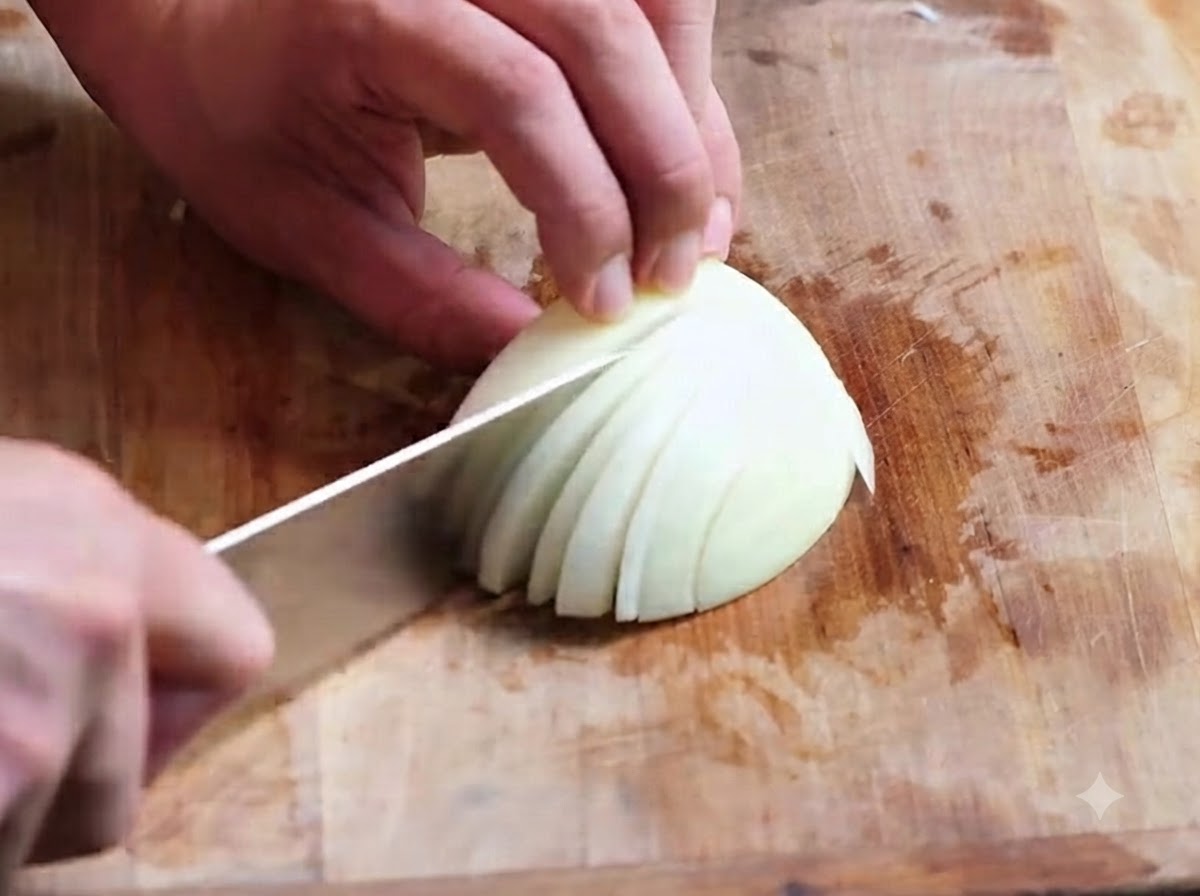 Ein Viertel einer Zwiebel wird mit einem Messer auf einem Holzschneidebrett in feine Stücke geschnitten.