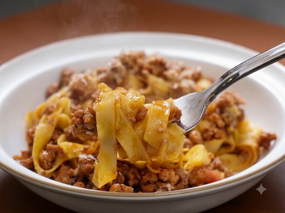 Brühe wird aus einem Behälter in eine Pfanne gegossen, die mit gewürztem Fleisch und Gemüse gefüllt ist.