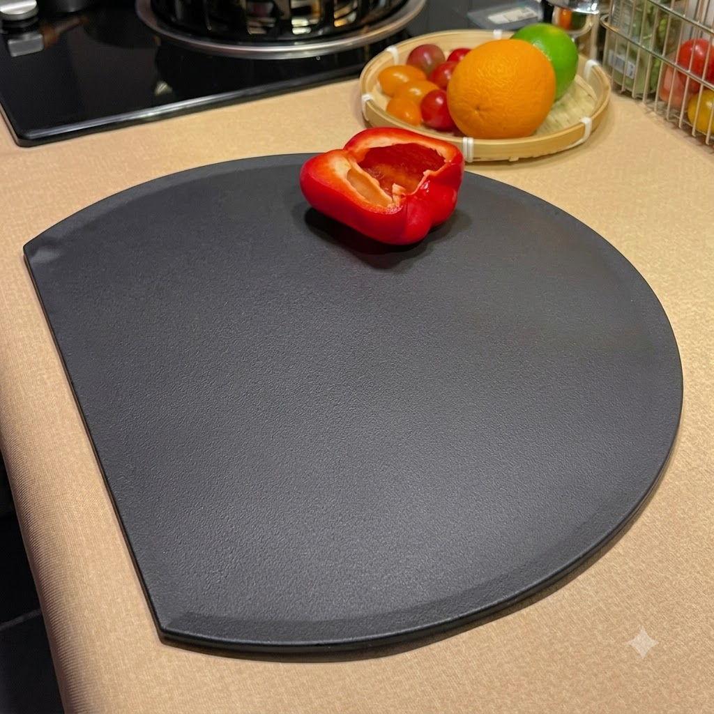 Eine frisch geschnittene rote Paprika in gleichmäßigen Streifen, ordentlich auf einem schwarzen Schneidebrett angeordnet.