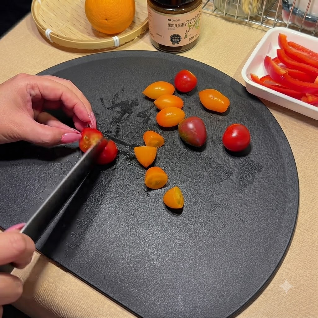 Ein Kochmesser schneidet bunte Kirschtomaten auf einem schwarzen Schneidebrett in zwei Hälften.