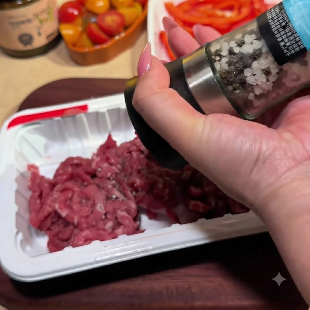 Eine Hand würzt rohe Rinderstreifen in einer weißen Plastikschale mit einer Pfeffermühle.