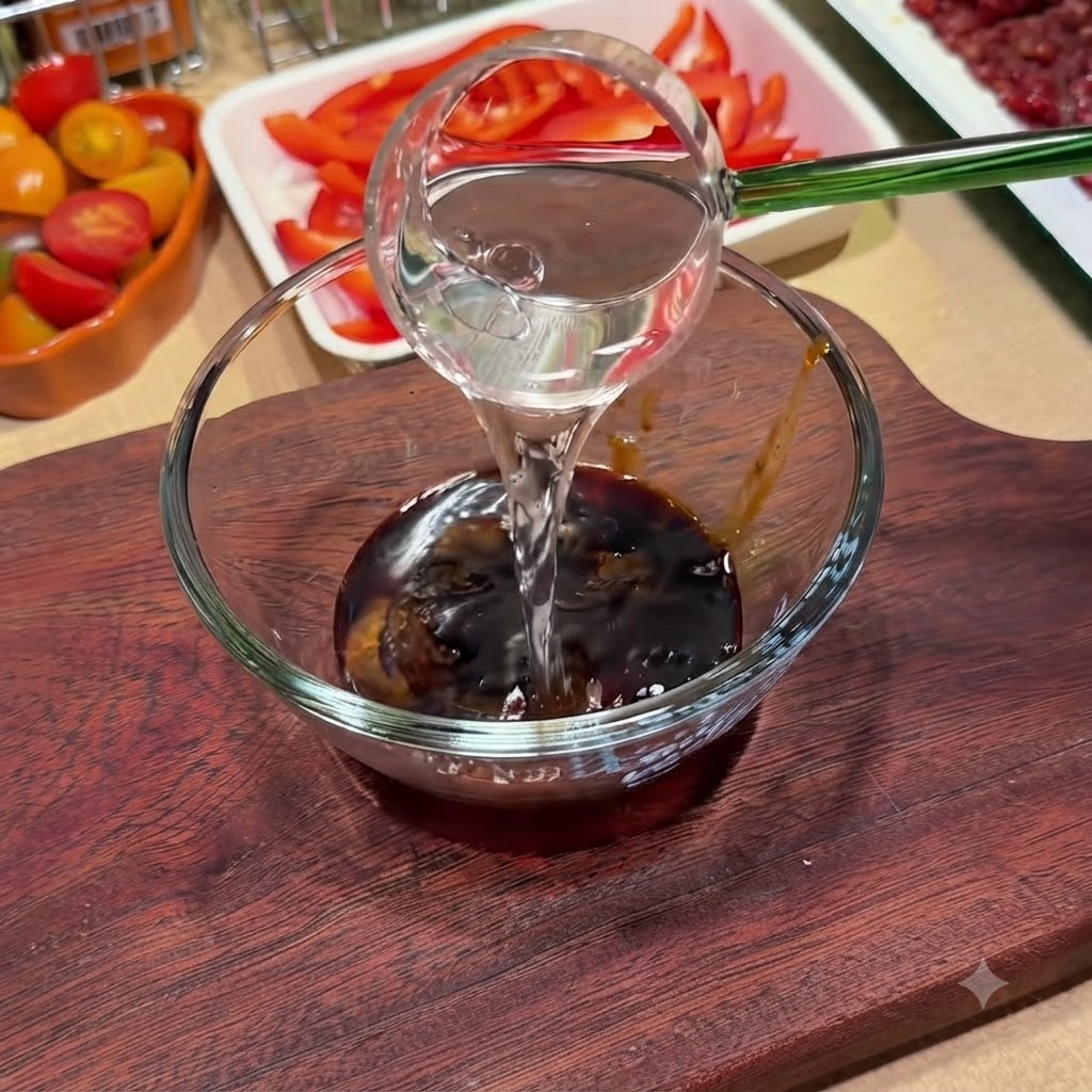 Flüssigkeit wird in eine transparente Glasschüssel mit gemischten Saucenzutaten auf einem Holzbrett gegossen.