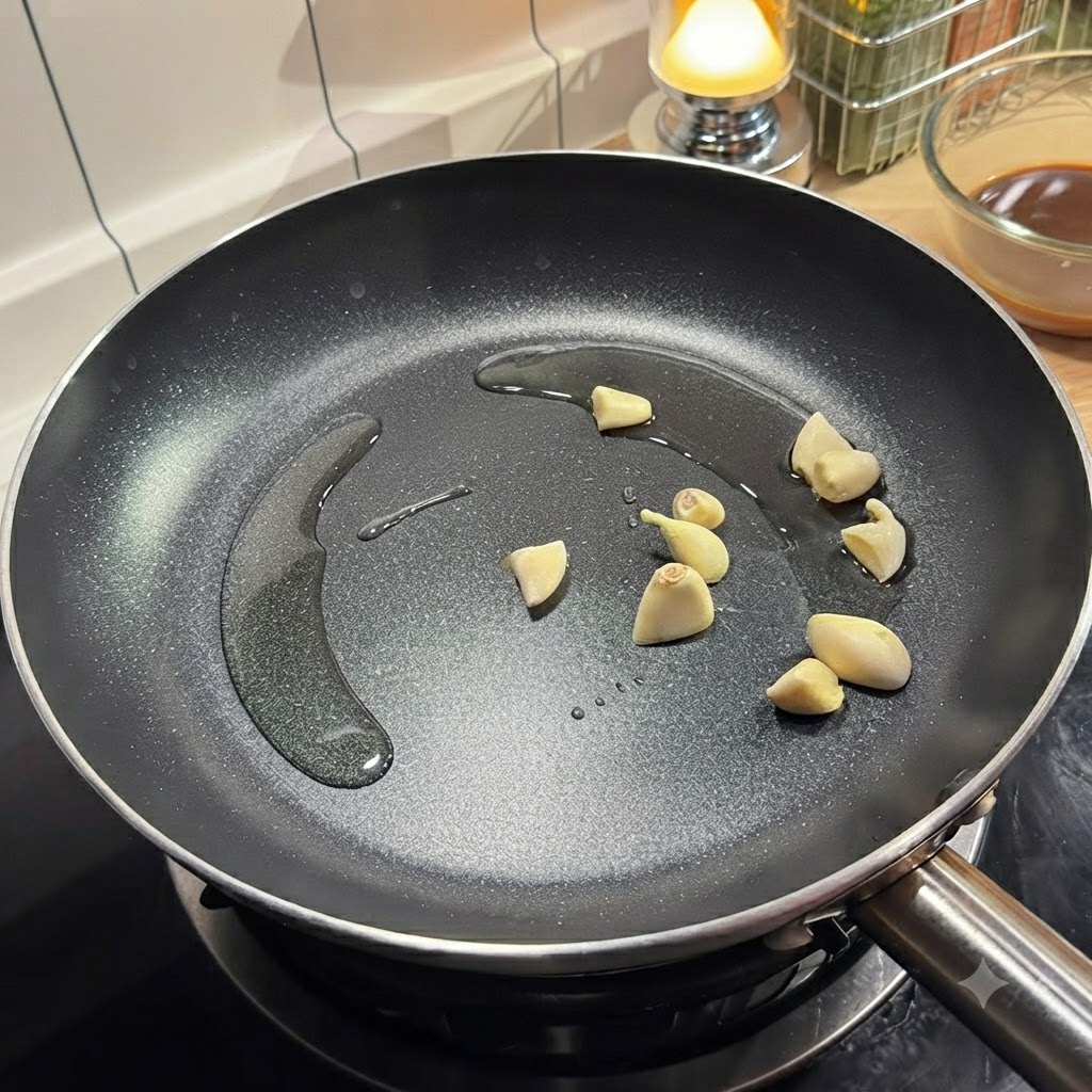 Geschälte Knoblauchzehen braten in Speiseöl in einer heißen schwarzen Pfanne an.