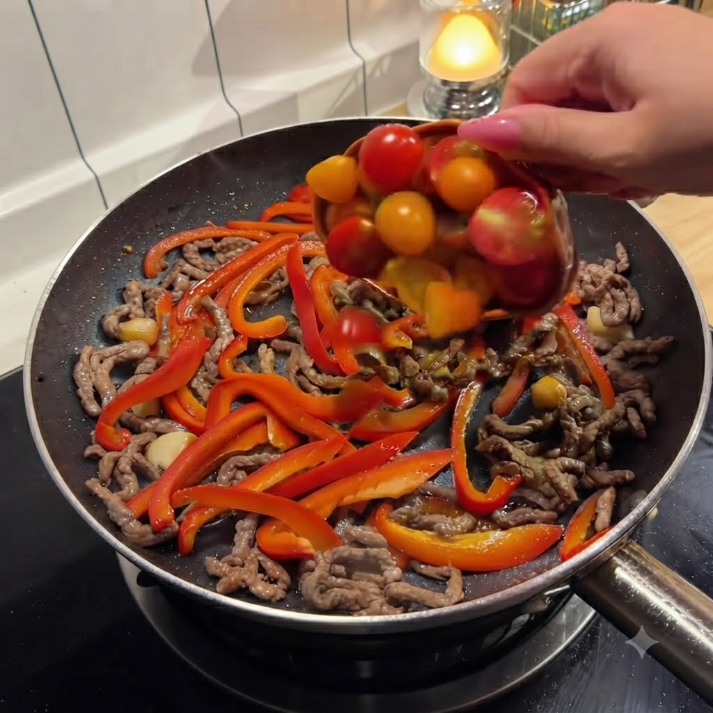Halbierte Kirschtomaten werden aus einer Schüssel in die Pfanne mit Rindfleisch und roter Paprika gegeben.