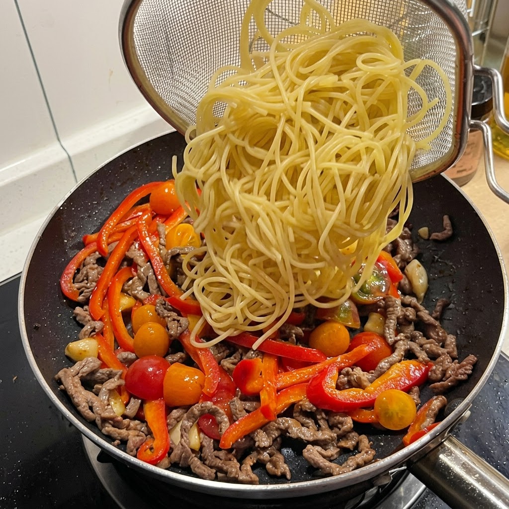 Gekochte Spaghetti werden aus einem Sieb in die Bratpfanne geschüttet.
