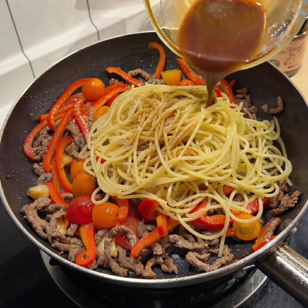 Dunkelbraune Sauce wird aus einer kleinen Schüssel über die Spaghetti in der Bratpfanne gegossen.