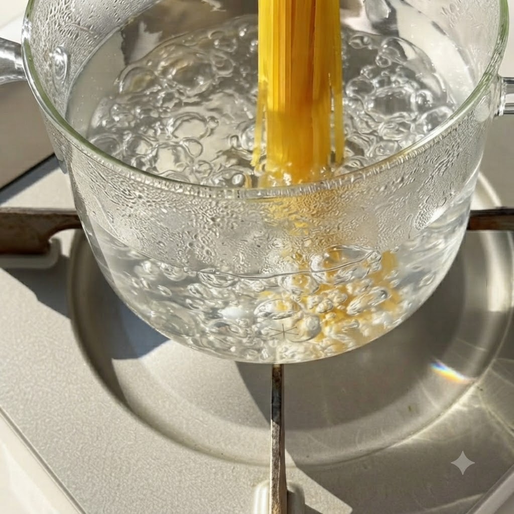 Spaghetti-Nudeln werden in einen klaren Glastopf mit sprudelnd kochendem Wasser auf einem Herd gegeben.