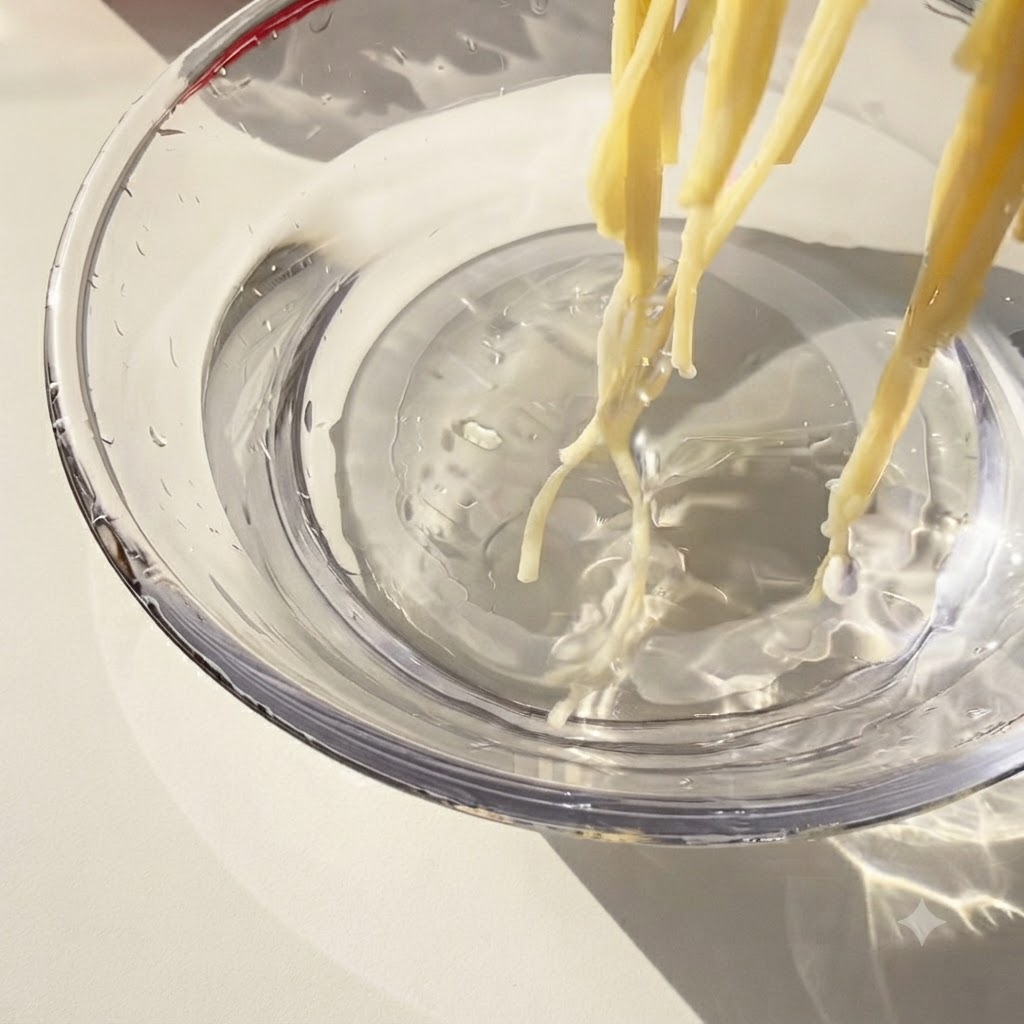 Gekochte Spaghetti-Nudeln werden mit einer Zange in eine Glasbowl mit kaltem Wasser umgefüllt.