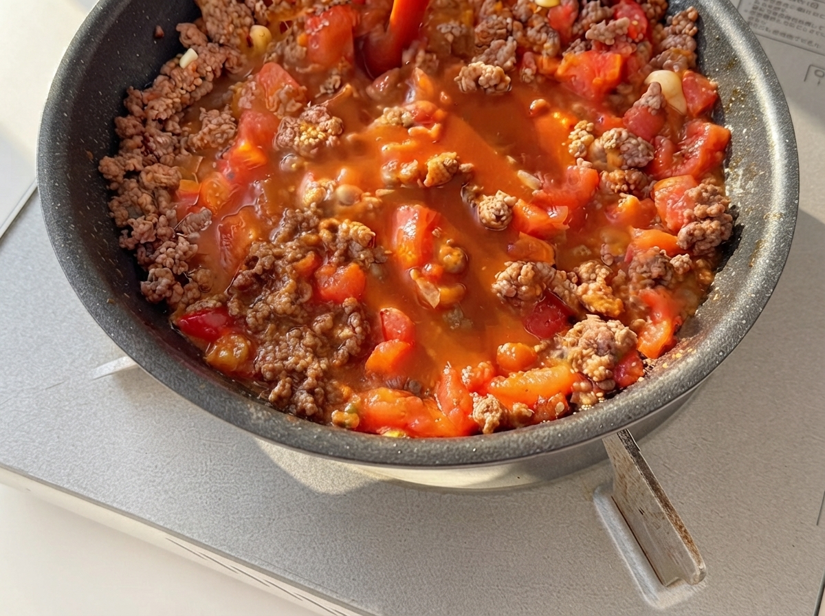 Eine dunkelrötliche Saucenmischung wird über gekochtes Hackfleisch und Tomaten in einer Pfanne gegossen.