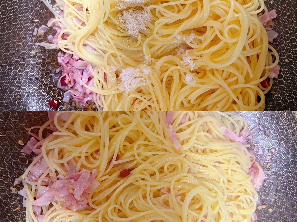 Gehacktes grünes Pfefferkraut liegt oben auf der Pastamischung in einer Pfanne.