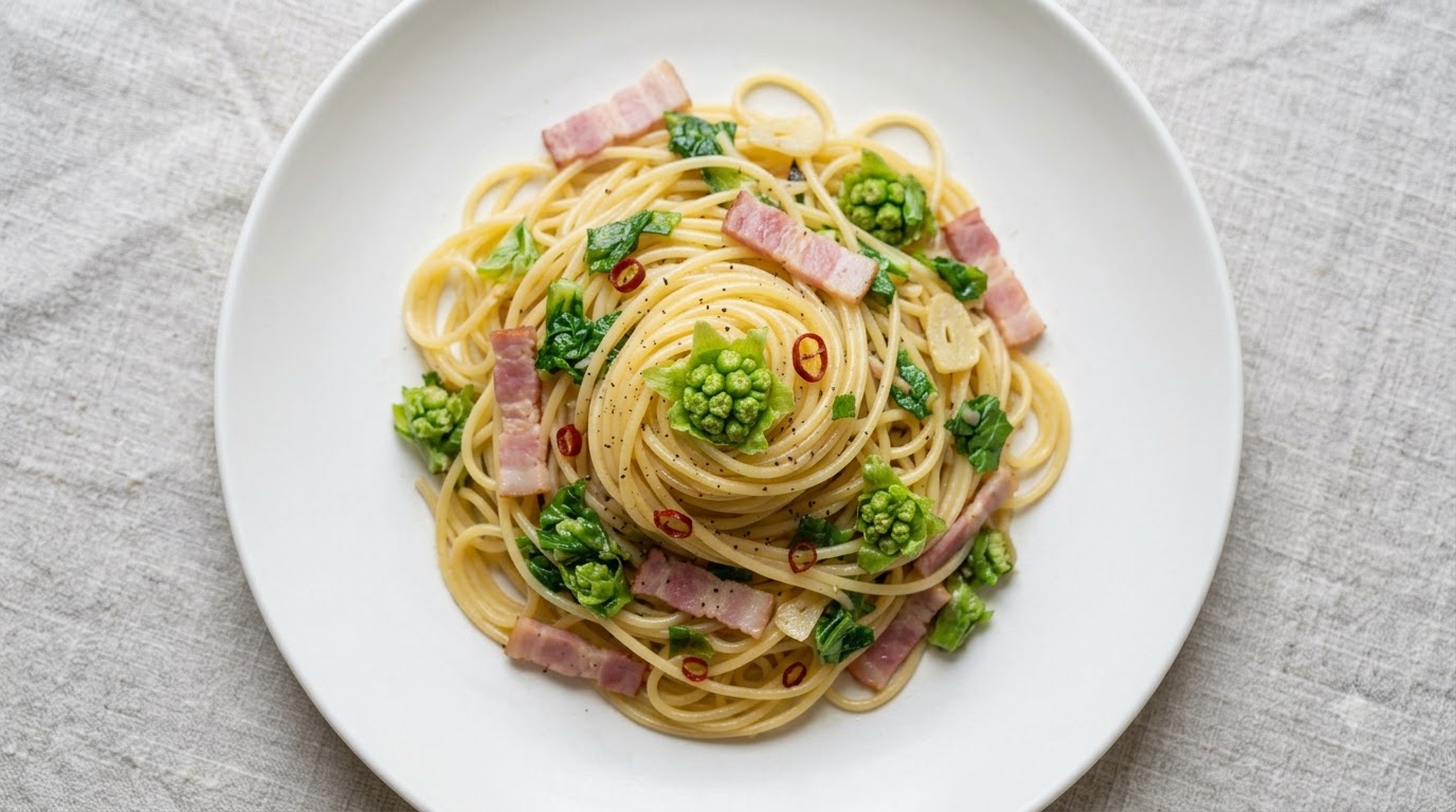 Pfefferkraut-Pasta mit Speck, Garlic und Olivenöl