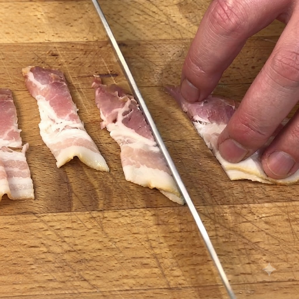 Ein Küchenmesser schneidet rohe Baconstreifen auf einem Holzschneidebrett.