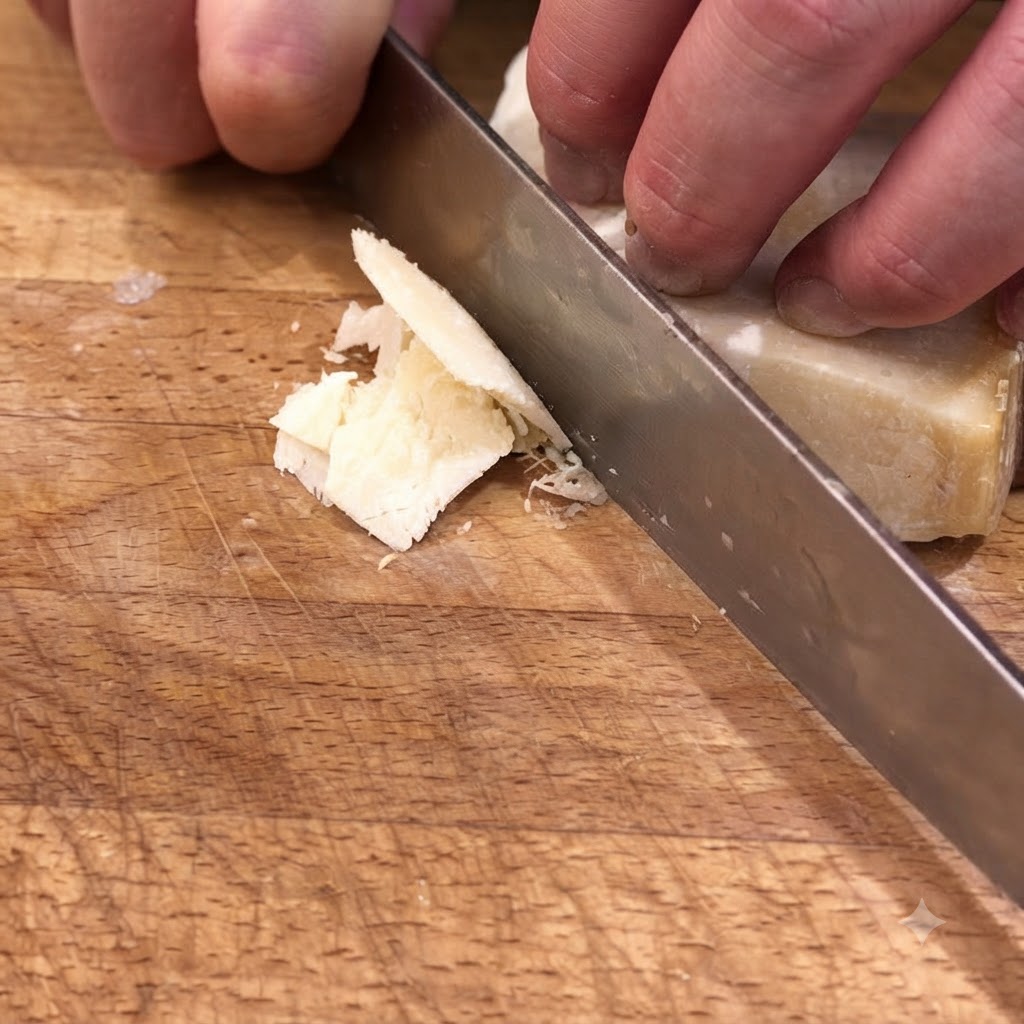 Ein Messer schneidet Scheiben von italienischem Parmigiano-Reggiano-Käse auf einem Holzbrett.