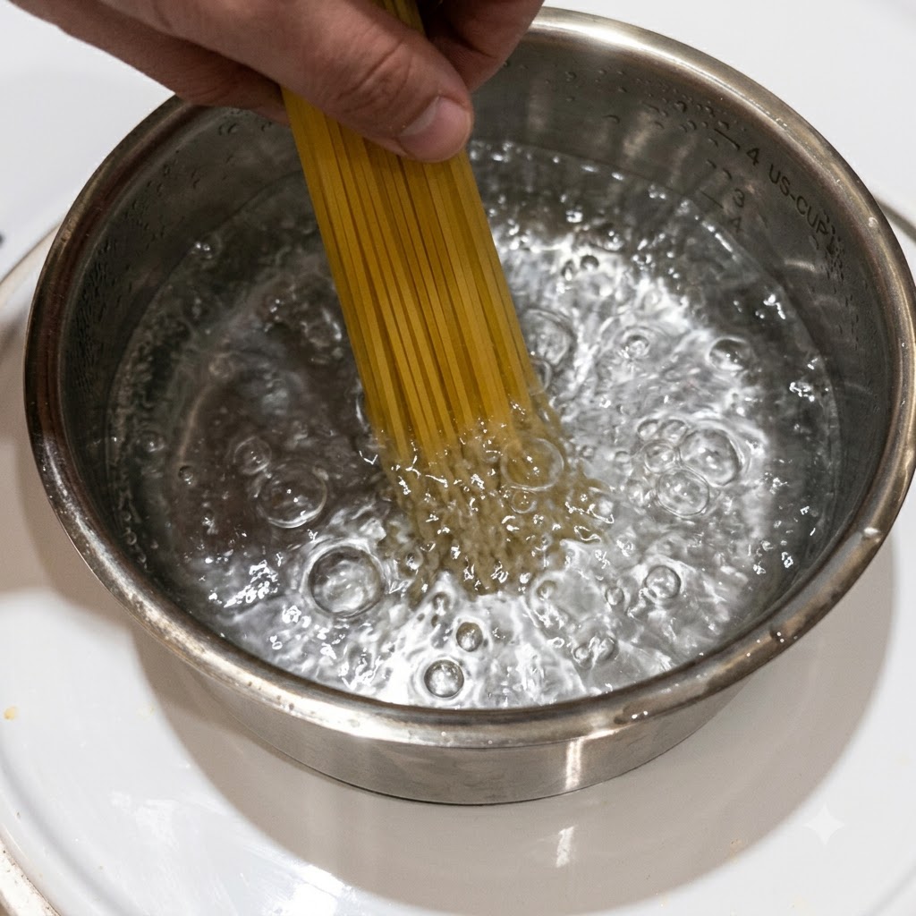 Penne-Nudeln kochen in einem Topf mit sprudelnd heißem Wasser.