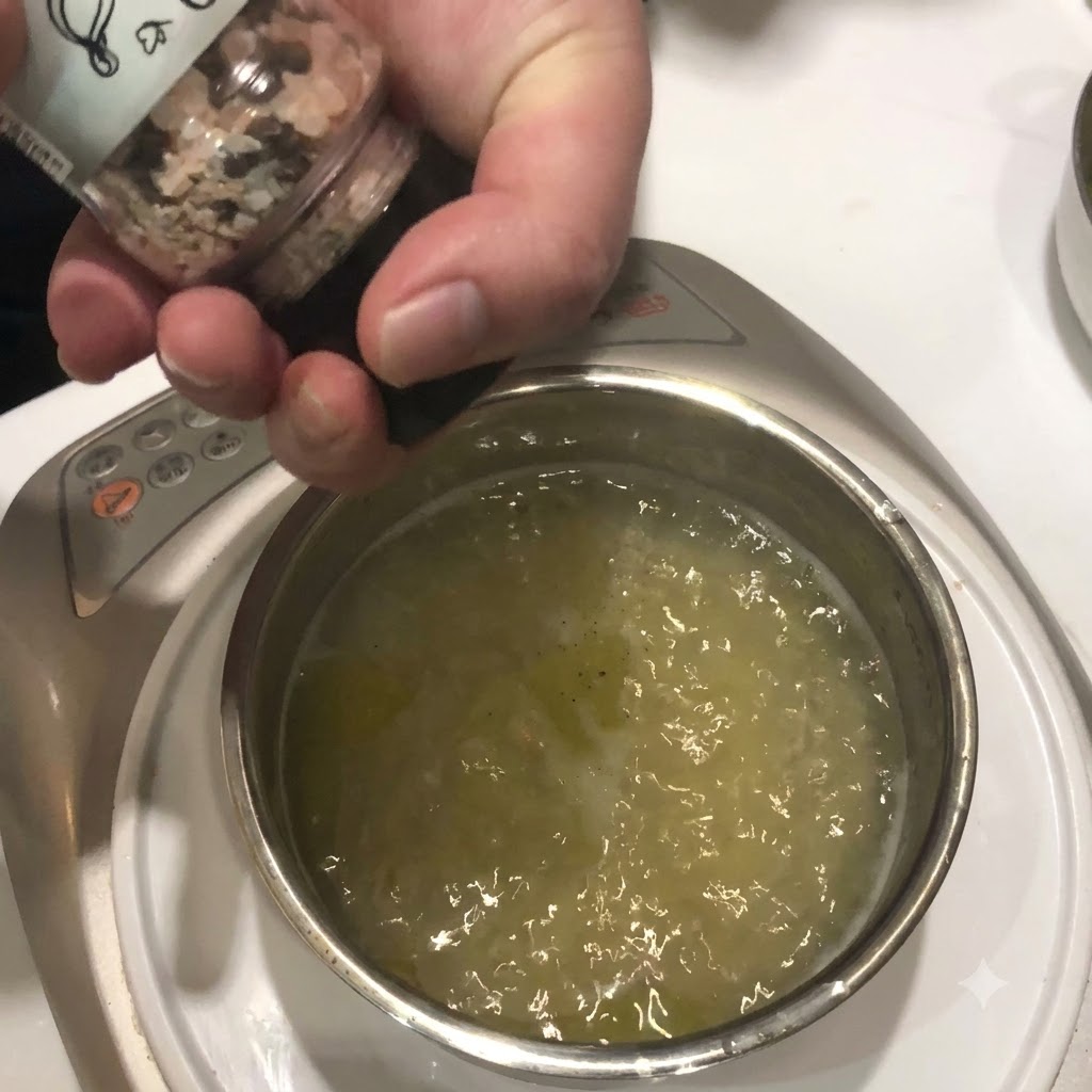 Salz und schwarzer Pfeffer werden aus einer Gewürzmühle in einen Topf mit kochendem Nudelwasser gestreut.