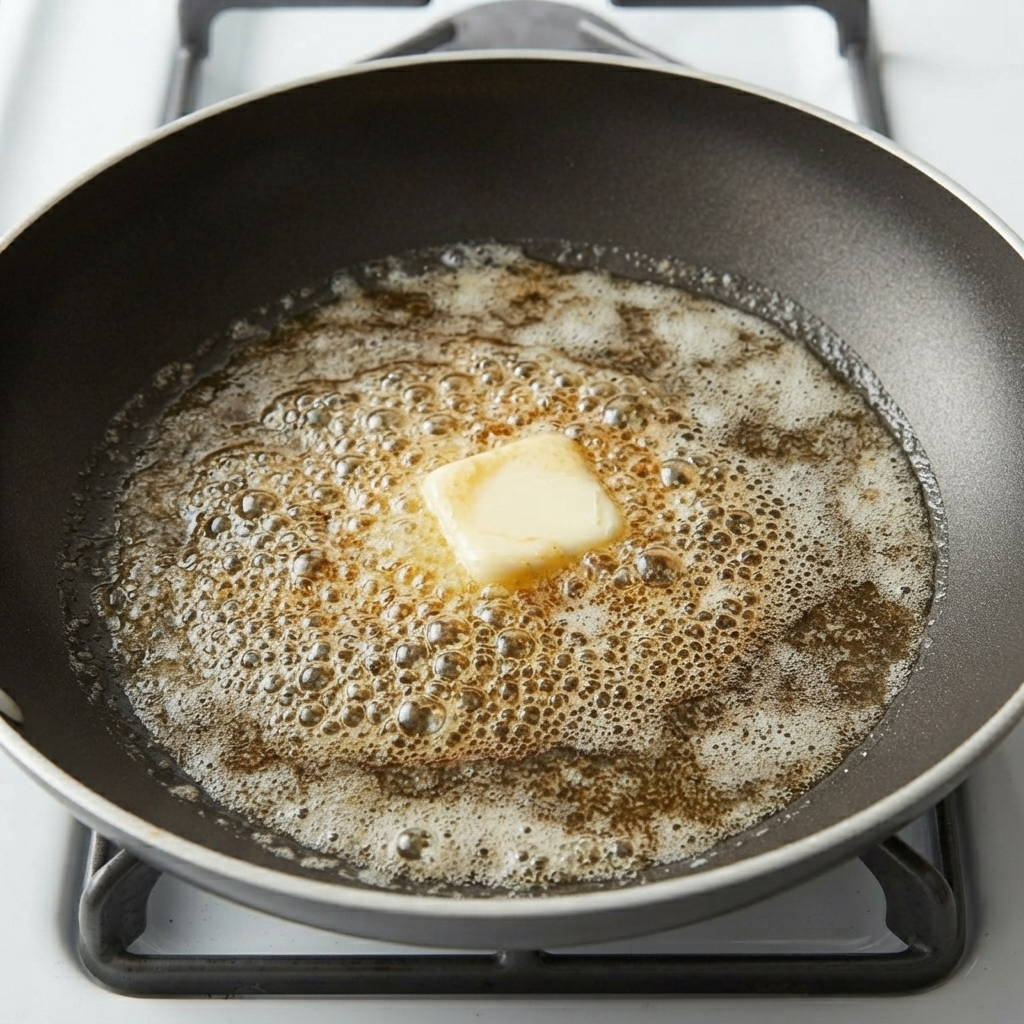 Eine Pfanne mit schmelzender Butter auf einer Herdplatte.