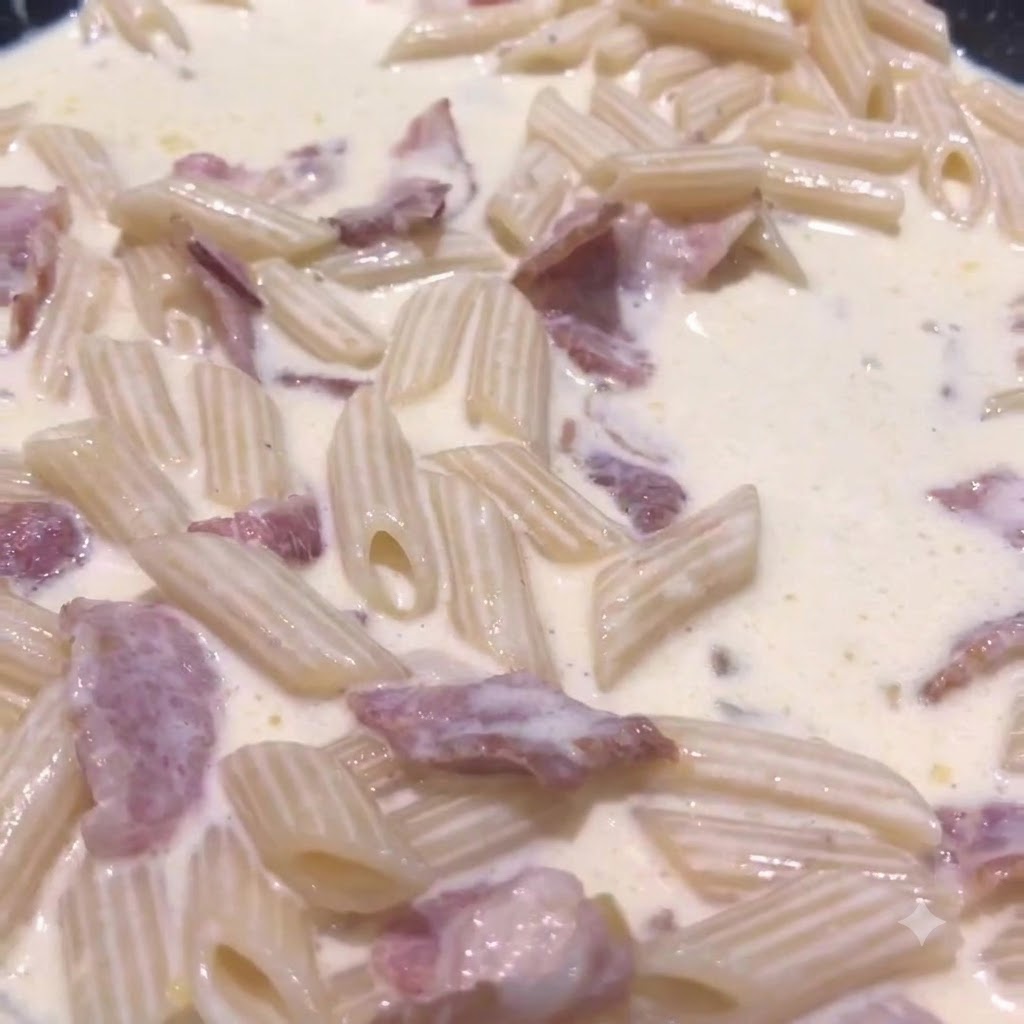 Nahaufnahme von Penne-Nudeln, die in einer cremigen Sauce in einer Pfanne köcheln.