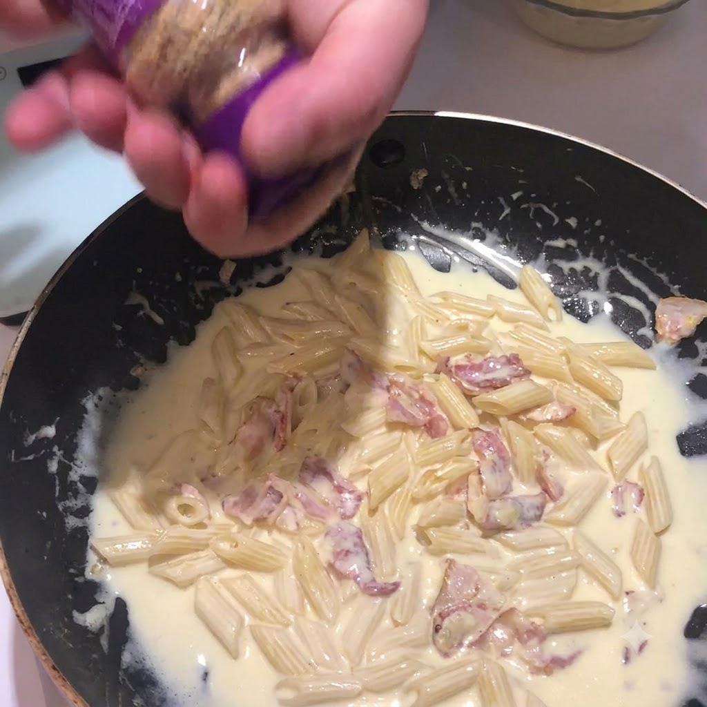 Knoblauchsalz wird aus einem Behälter auf die cremige Ndelmischung in einer Pfanne gestreut.