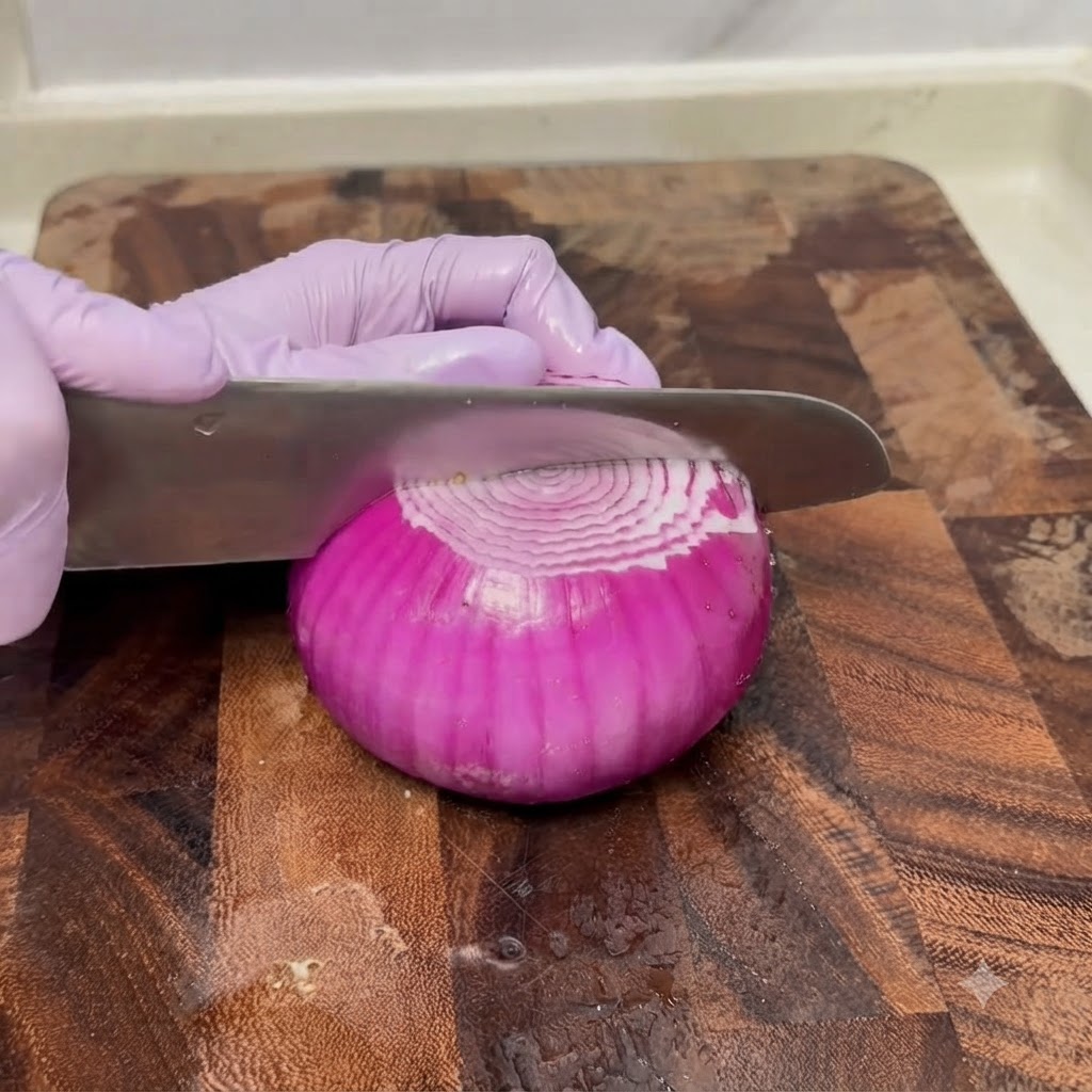 Eine violette Zwiebel wird mit einem Messer auf einem Holzschneidebrett geschnitten.
