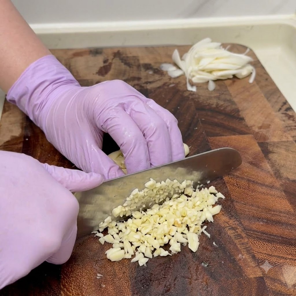 Knoblauchzehen werden mit einem Messer auf einem Schneidebrett neben geschnittenen Zwiebeln fein gehackt.