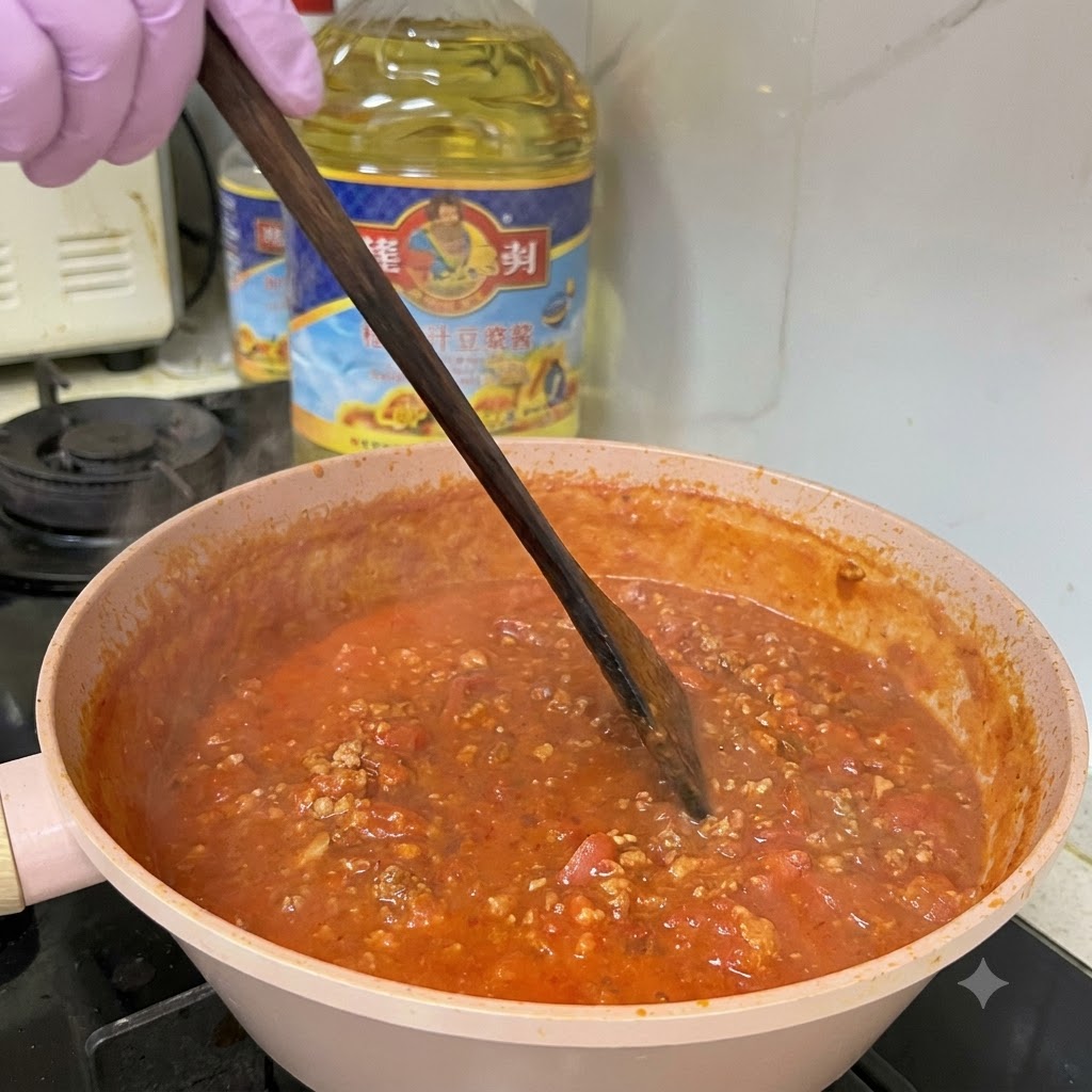 Hackfleisch kocht in einer dicken Tomaten- und Zwiebelsauce in einer Pfanne und wird mit einem Holzwender umgerührt.