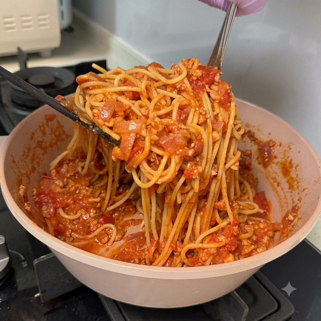 Spaghettinudeln werden herausgehoben und in einer Kochpfanne mit einer dicken Fleisch- und Tomatensauce vermischt.