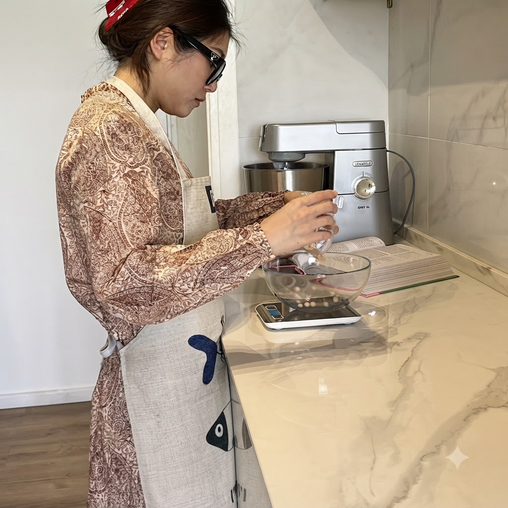 Eine Person füllt Pinienkerne in eine Glasschüssel auf einer digitalen Küchenwaage.