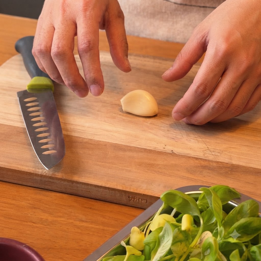 Eine geschälte Knoblauchzehe liegt auf einem Holzschneidebrett neben einem Küchenmesser.