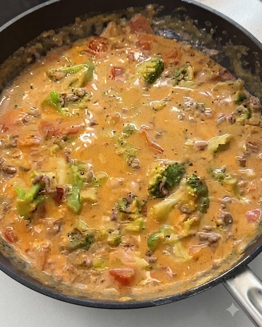 Eine reichhaltige und cremige Tomaten-Rindfleisch-Sauce gemischt mit Gemüse in einer Pfanne.