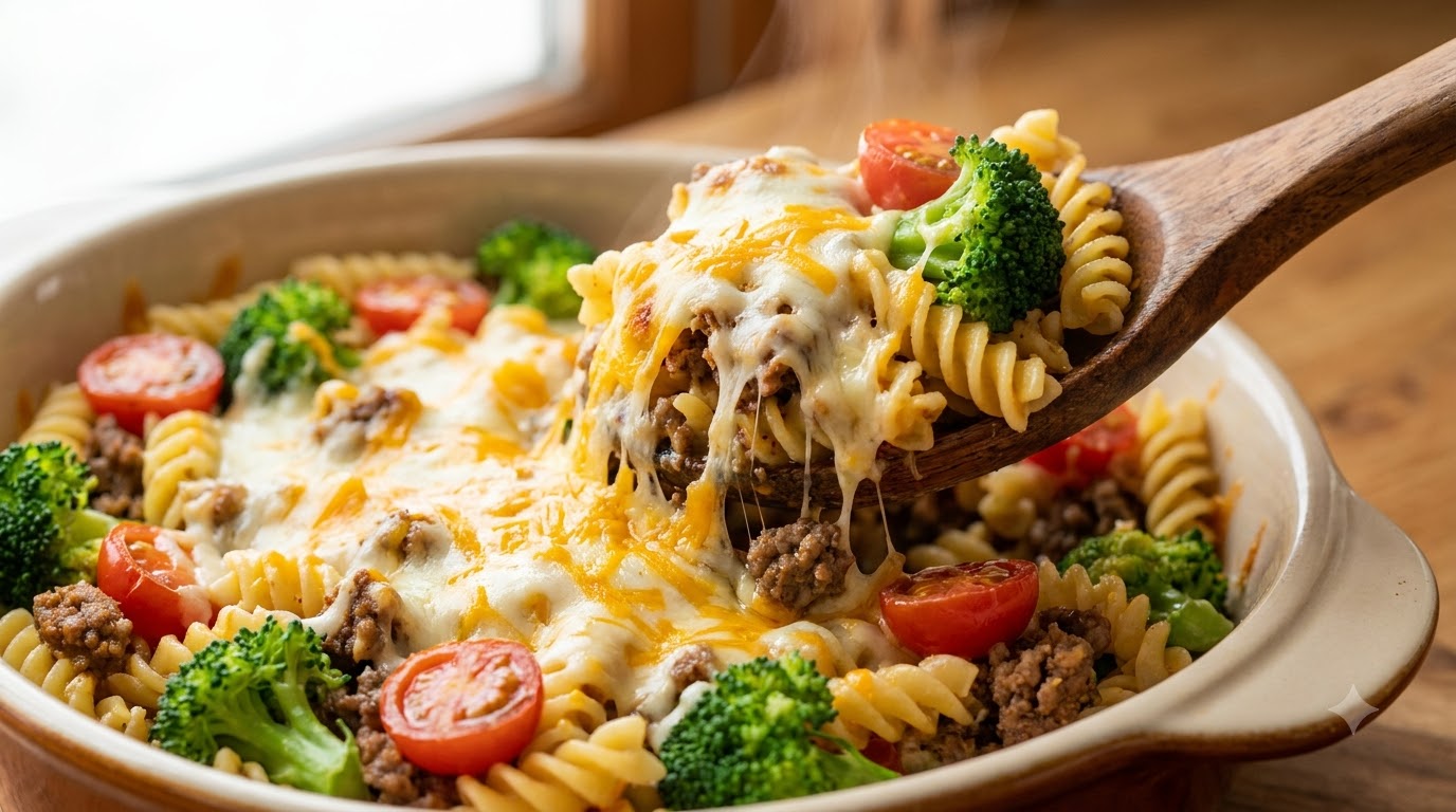 Überbackene Käse-Fusilli mit Rindfleisch & Brokkoli
