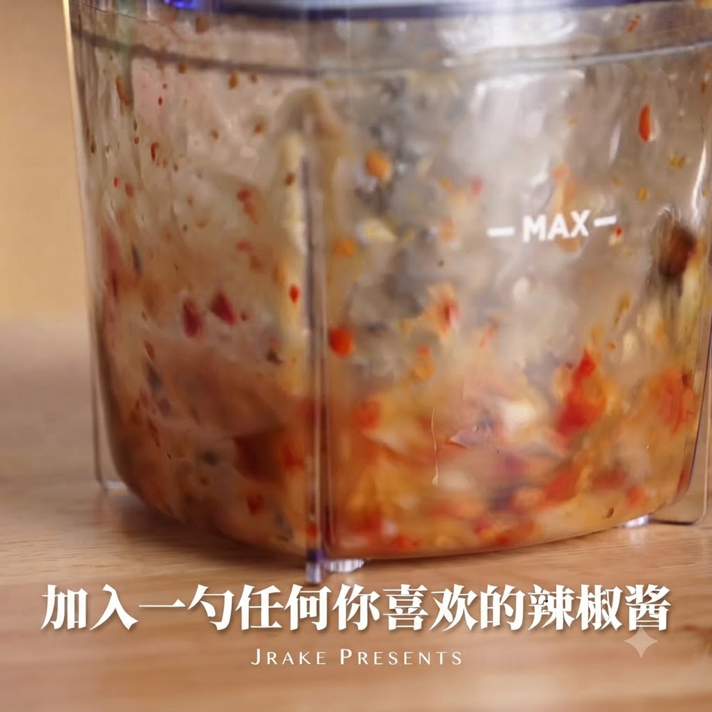Rote Chilisauce wird in den Mixbecher gegeben.