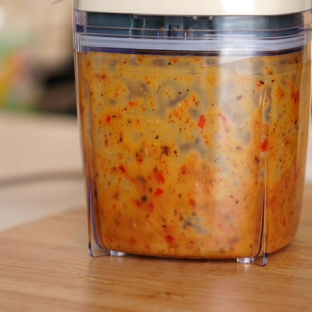 Eine gemixte und emulgierte gelb-orangene Knoblauch-Chili-Sauce im Mixbehälter.