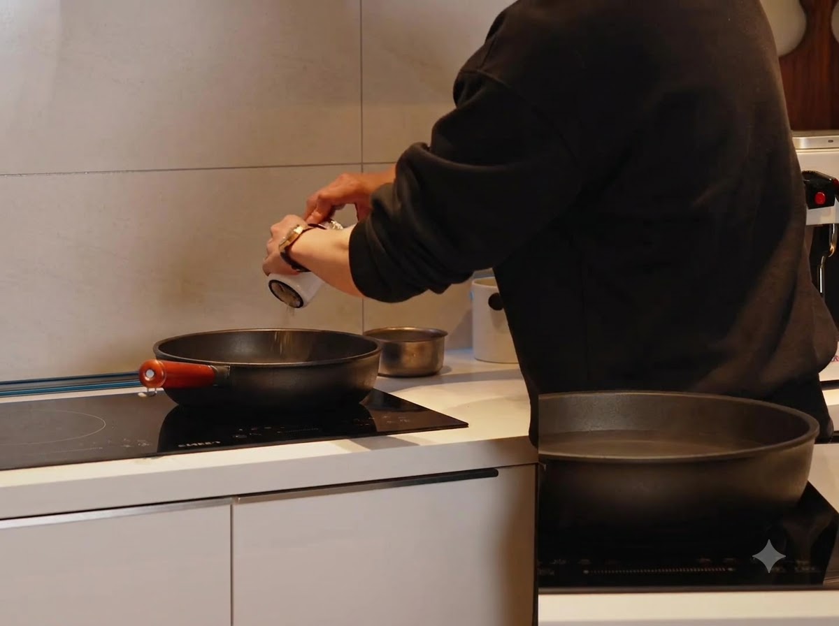 Trockene Spaghetti werden in einen Topf mit kochendem Salzwasser gegeben.
