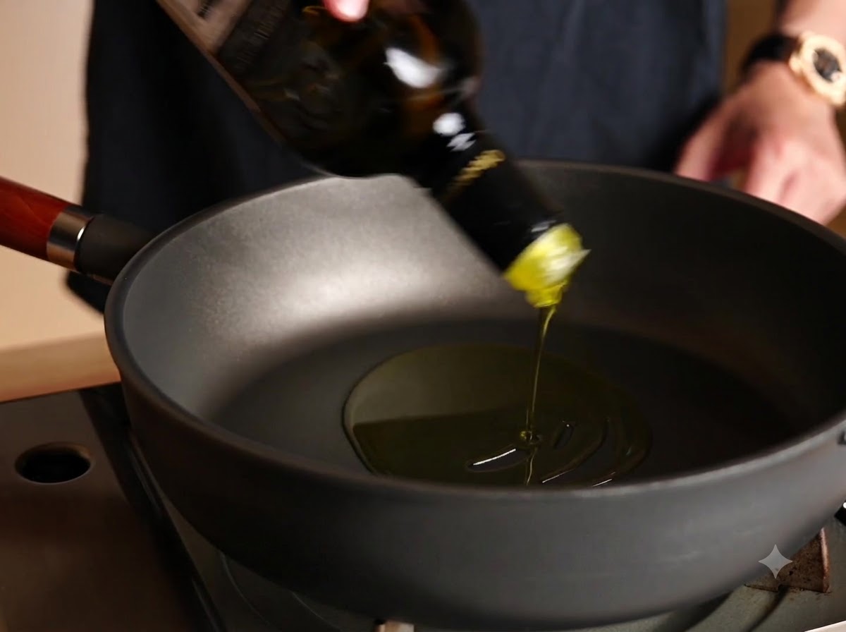 Natives Olivenöl extra wird aus einer Flasche in eine breite schwarze Bratpfanne gegossen.