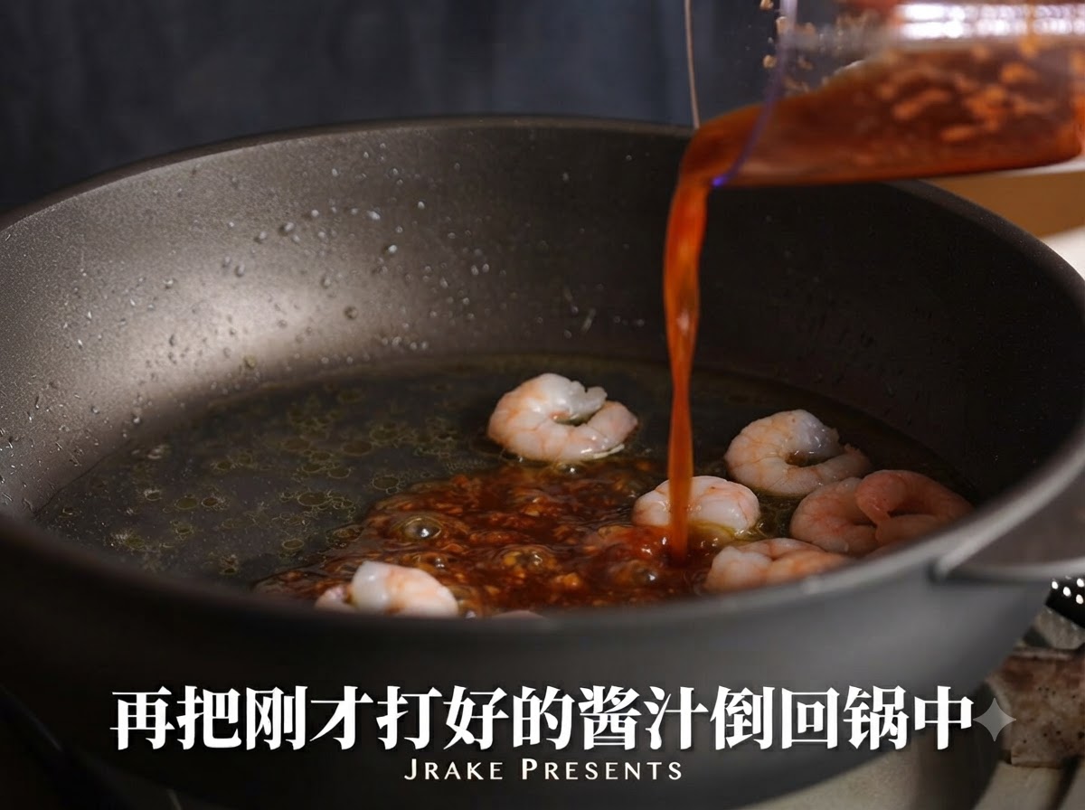 Rote Chili-Knoblauch-Sauce wird aus einem Behälter in die Pfanne mit Garnelen und Sud gegossen.