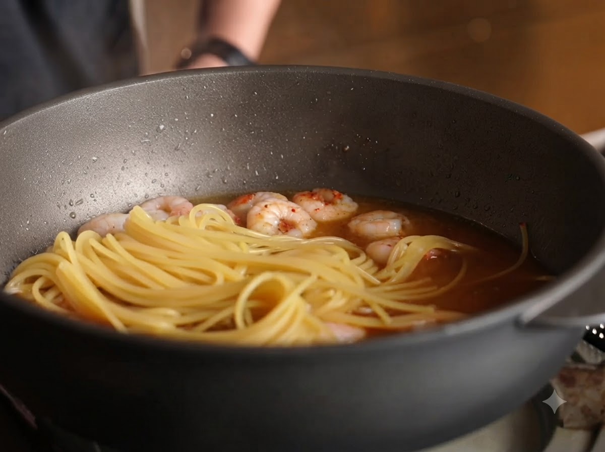 Spaghetti und Garnelen köcheln zusammen mit Sauce in einer Pfanne.